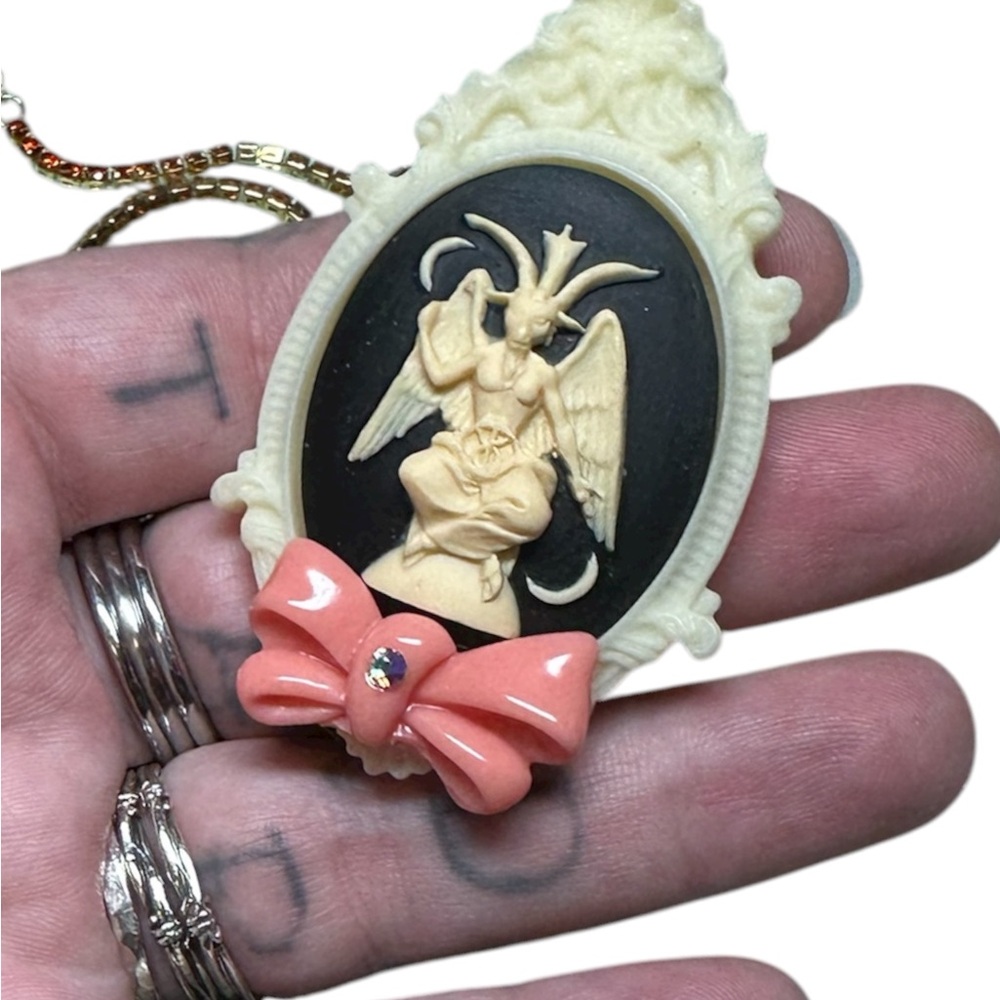 Vintage style baphomet goatCameo Pendant with Pink Bow and rhinestone chain